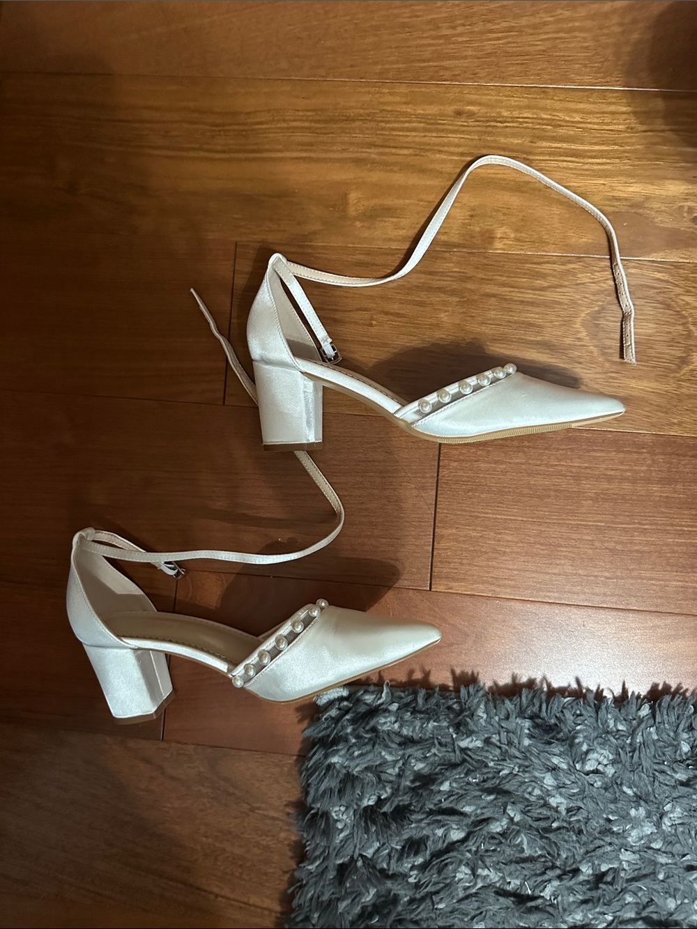 Ivory Pearl-Embellished Ankle-Tie Block Heel Pumps